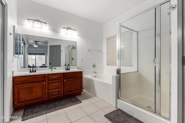 bathroom featuring tile patterned floors, ceiling fan, vanity, and independent shower and bath