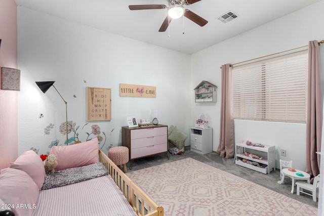 carpeted bedroom featuring ceiling fan