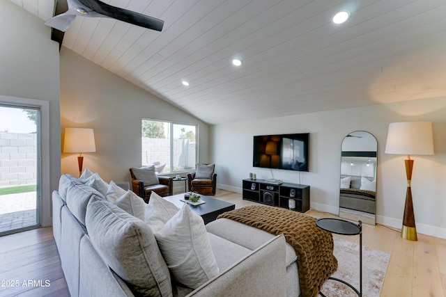 7524 N Via Del Elemental, Scottsdale, AZ 85258 - living room with light wood-style flooring, lofted ceiling, recessed lighting, baseboards, and wood ceiling