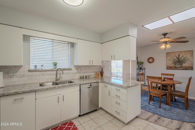 kitchen featuring white cabinetry, sink, light hardwood / wood-style flooring, stainless steel dishwasher, and kitchen peninsula