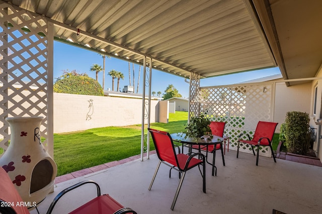 view of patio / terrace with a shed