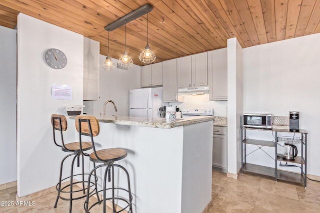 kitchen featuring light stone countertops, under cabinet range hood, wooden ceiling, and freestanding refrigerator
