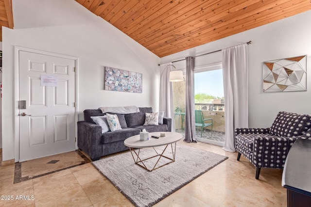 living room with wood ceiling and lofted ceiling