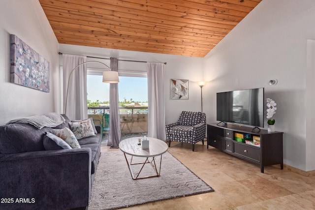 living area with wooden ceiling and vaulted ceiling