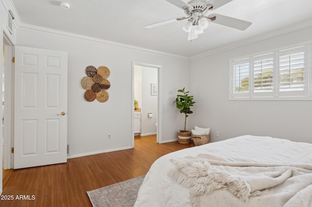 bedroom featuring wood-type flooring, ceiling fan, and crown molding