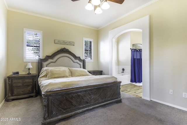 1123 E Shepherds Way, Casa Grande, AZ 85122 - carpeted bedroom featuring ornamental molding, baseboards, arched walkways, ensuite bathroom, and ceiling fan