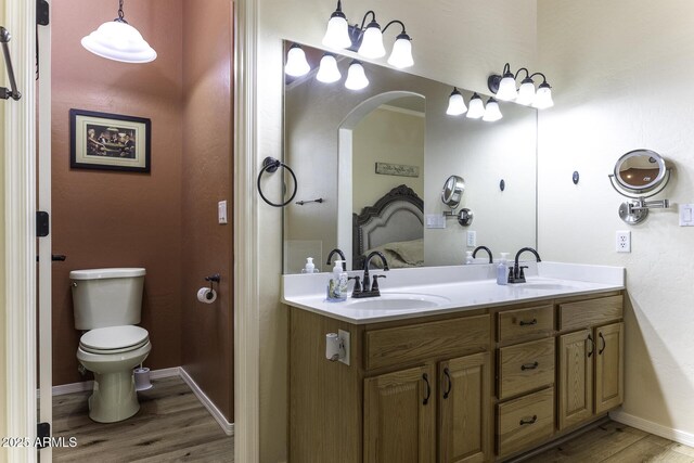 1123 E Shepherds Way, Casa Grande, AZ 85122 - bathroom featuring wood finished floors, toilet, double vanity, and baseboards