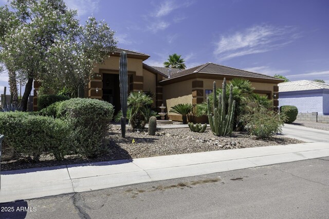 1123 E Shepherds Way, Casa Grande, AZ 85122 - view of front facade featuring a garage, stucco siding, a tile roof, and driveway