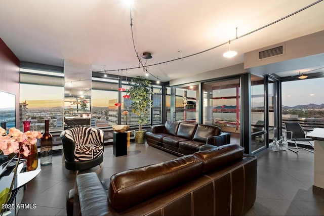 living room with floor to ceiling windows and visible vents