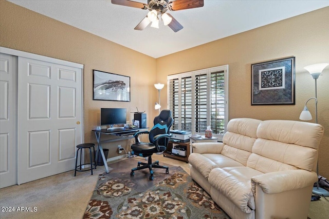 office with ceiling fan and light carpet