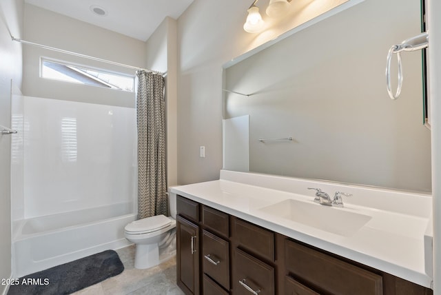 full bath with vanity, toilet, tile patterned floors, and shower / tub combo