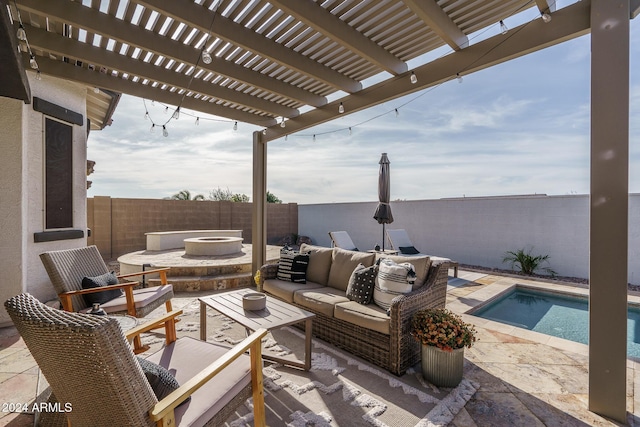 view of patio with a pergola, a fenced in pool, and an outdoor hangout area