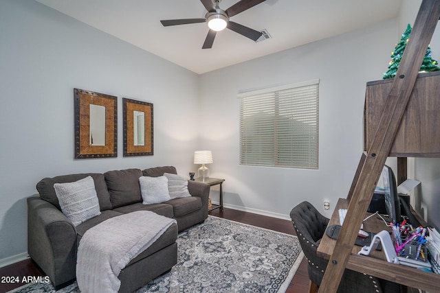 living room with ceiling fan and wood-type flooring