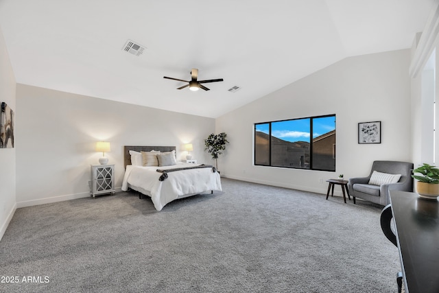 carpeted bedroom featuring ceiling fan and lofted ceiling