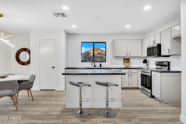 kitchen featuring sink, stainless steel range with electric stovetop, backsplash, a kitchen breakfast bar, and white cabinets