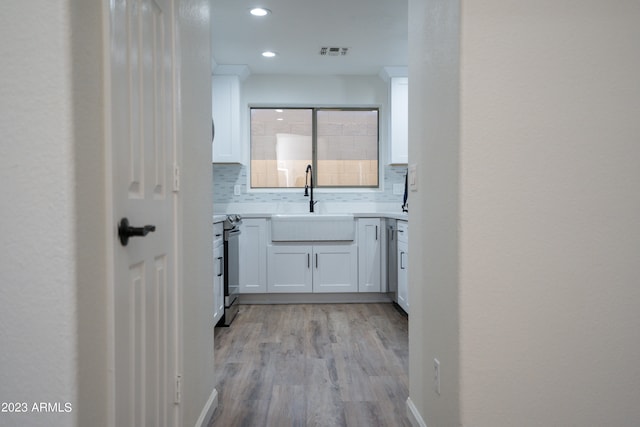 bathroom with decorative backsplash, hardwood / wood-style flooring, and vanity