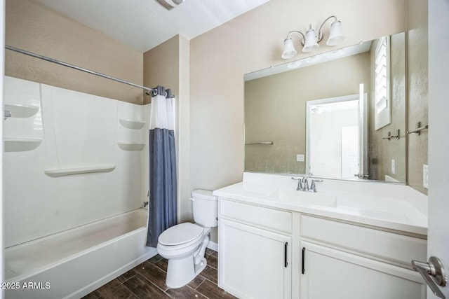 full bathroom featuring shower / tub combo with curtain, vanity, toilet, and wood tiled floor