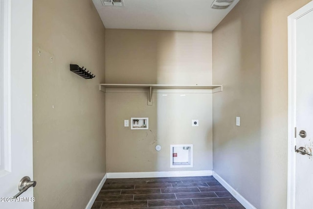 clothes washing area featuring hookup for a washing machine, hookup for an electric dryer, laundry area, baseboards, and wood tiled floor