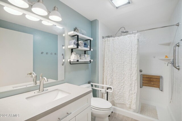 bathroom with curtained shower, vanity, and toilet