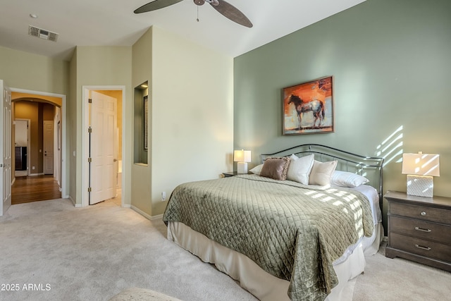 carpeted bedroom featuring ceiling fan