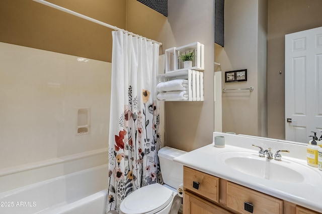 full bathroom with toilet, vanity, and shower / bathtub combination with curtain