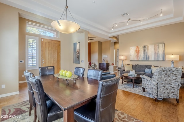 dining space featuring hardwood / wood-style floors, rail lighting, and a raised ceiling