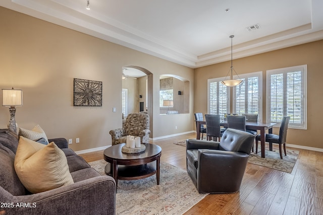 living room with a tray ceiling and light hardwood / wood-style flooring