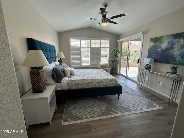 15075 W Amelia Dr, Goodyear, AZ 85395 - bedroom with access to outside, lofted ceiling, dark wood-style flooring, and a ceiling fan