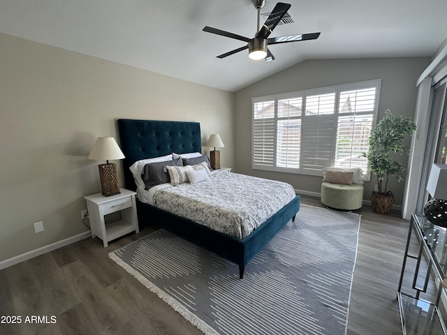 15075 W Amelia Dr, Goodyear, AZ 85395 - bedroom with wood finished floors, lofted ceiling, and ceiling fan
