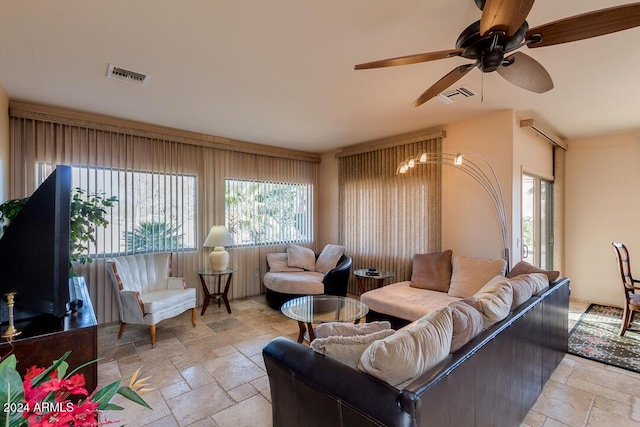 living room with ceiling fan