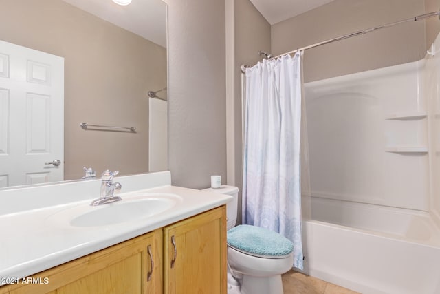 full bathroom with vanity, tile patterned flooring, toilet, and shower / bathtub combination with curtain