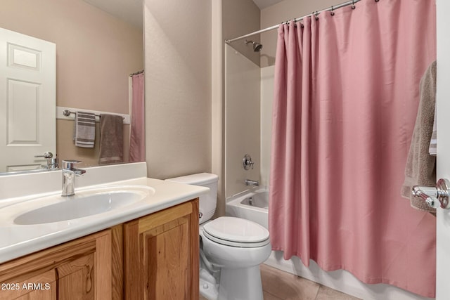 full bathroom with shower / bathtub combination with curtain, vanity, tile patterned flooring, and toilet