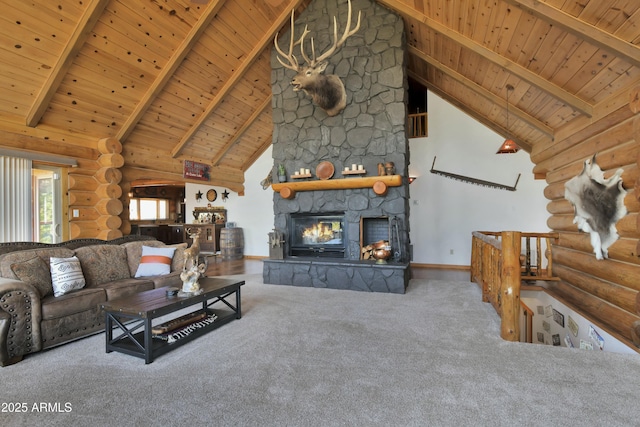 carpeted living room featuring a stone fireplace, high vaulted ceiling, rustic walls, and beamed ceiling