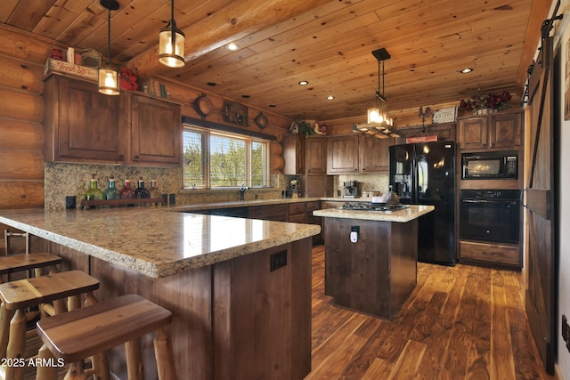 kitchen featuring dark wood-type flooring, wood ceiling, kitchen peninsula, pendant lighting, and black appliances