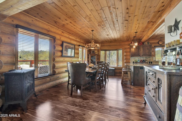 dining area featuring dark hardwood / wood-style flooring, wood ceiling, and a chandelier