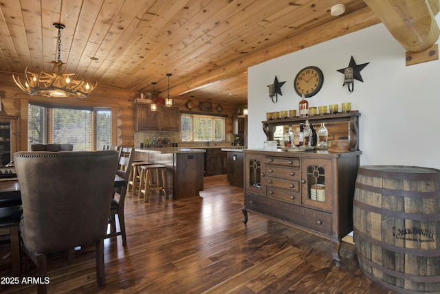 dining area featuring dark wood-type flooring, wood ceiling, log walls, and an inviting chandelier