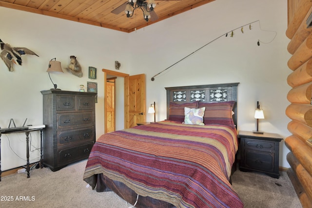 bedroom with carpet floors, rustic walls, and wood ceiling