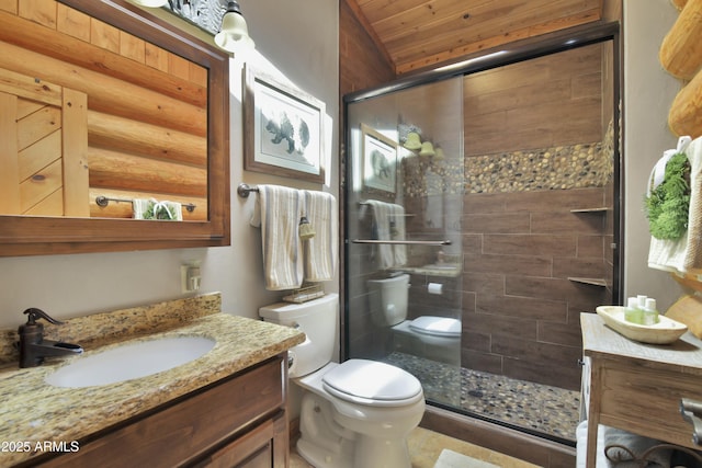 bathroom with vanity, a shower with door, wooden ceiling, and toilet