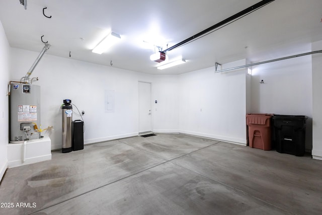 garage with water heater, baseboards, electric panel, and a garage door opener