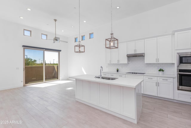 kitchen featuring tasteful backsplash, appliances with stainless steel finishes, light countertops, under cabinet range hood, and a sink