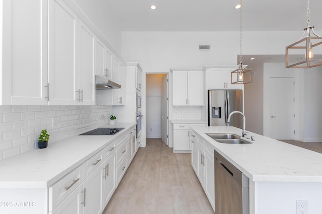 kitchen featuring under cabinet range hood, stainless steel appliances, a sink, visible vents, and white cabinets