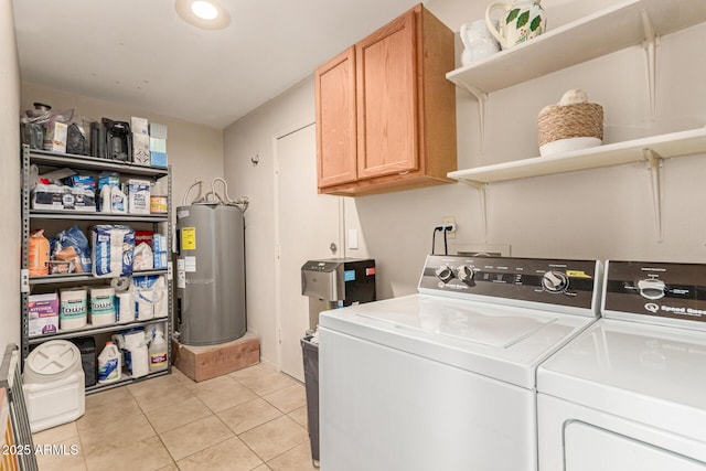 9825 N 44th Ave, Glendale, AZ 85302 - washroom featuring water heater, cabinet space, washer and clothes dryer, and light tile patterned floors