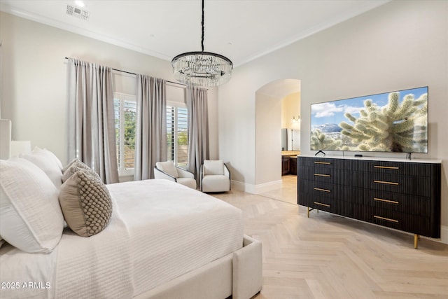 bedroom featuring visible vents, crown molding, baseboards, arched walkways, and a notable chandelier