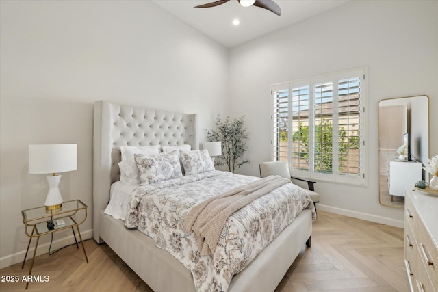 bedroom featuring recessed lighting, baseboards, and ceiling fan