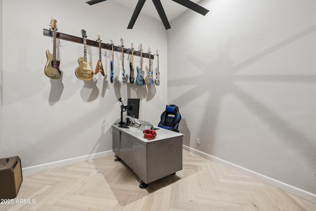 office with baseboards and a ceiling fan