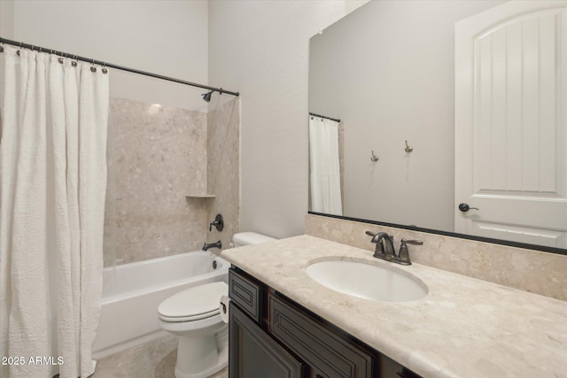 full bathroom with toilet, shower / tub combo with curtain, and vanity