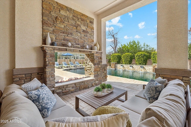 view of patio featuring an outdoor living space and a fenced in pool