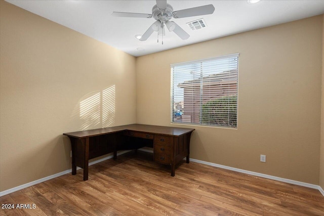 office area featuring ceiling fan and wood-type flooring