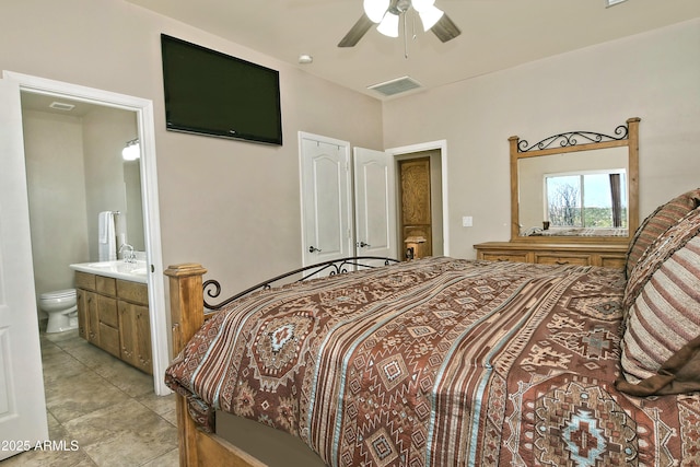 bedroom featuring visible vents, ensuite bath, and ceiling fan