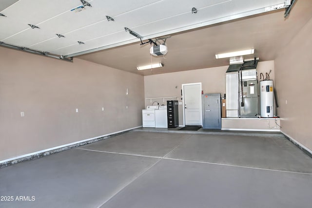 garage with heating unit, baseboards, separate washer and dryer, electric water heater, and a garage door opener